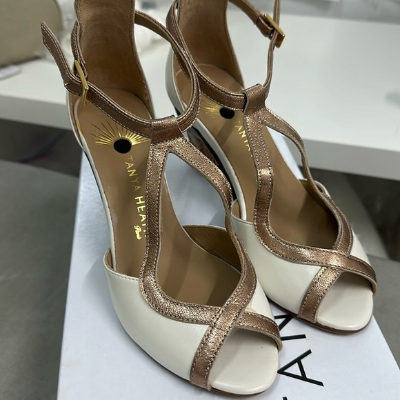 Isabelle White and Gold Tango Inspired T-Strap Shoes with Interchangeable Heels - Picture 2 of 5